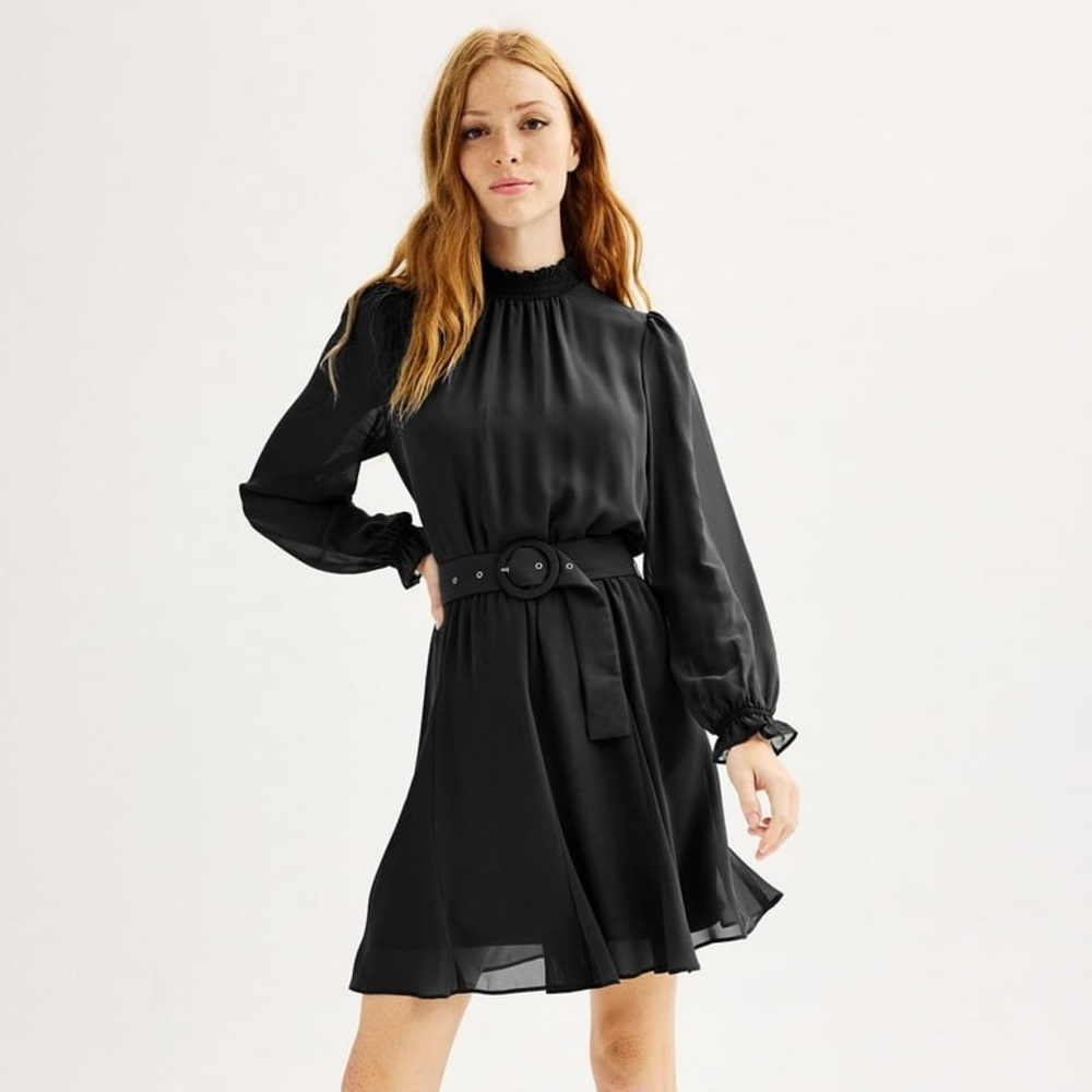 Nine West | 🖤 NWT Chiffon Long Sleeve Belted Mock Neck Dress | Black | Small
